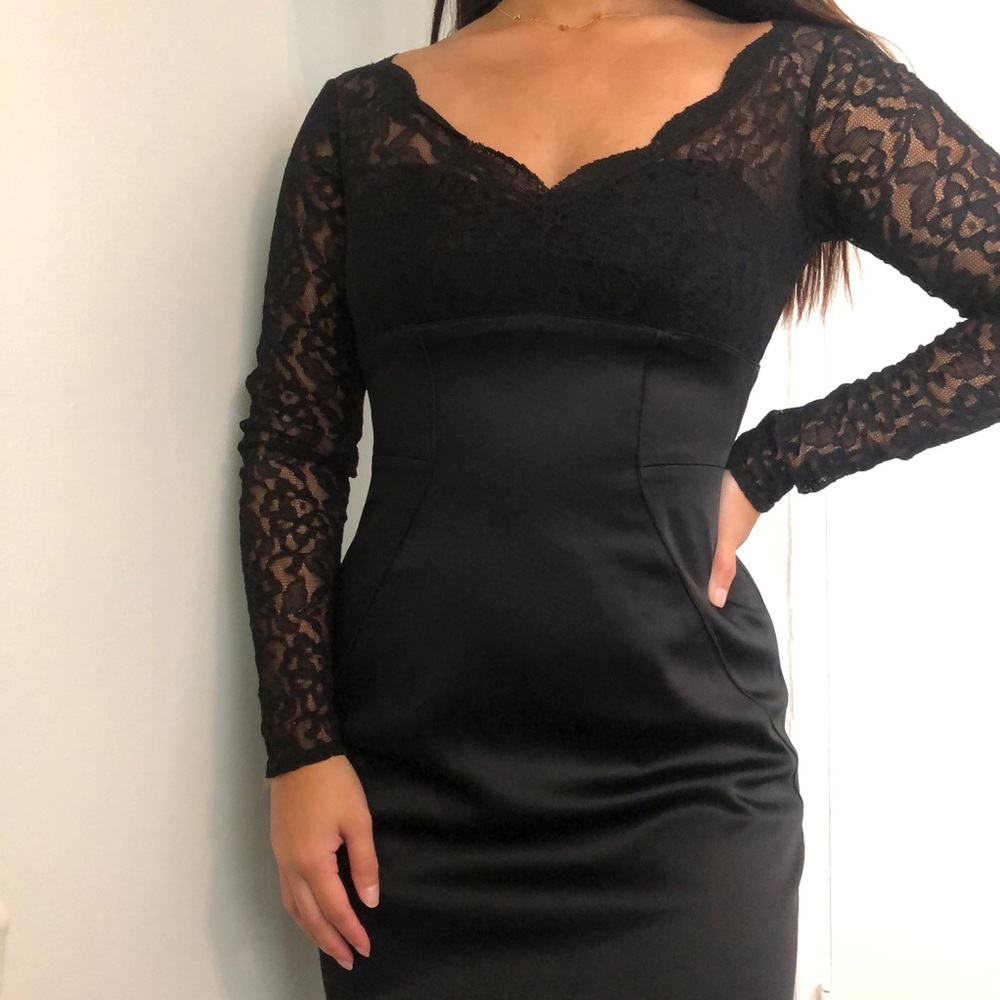 Maggy London Black Lace + Satin Midi Dress